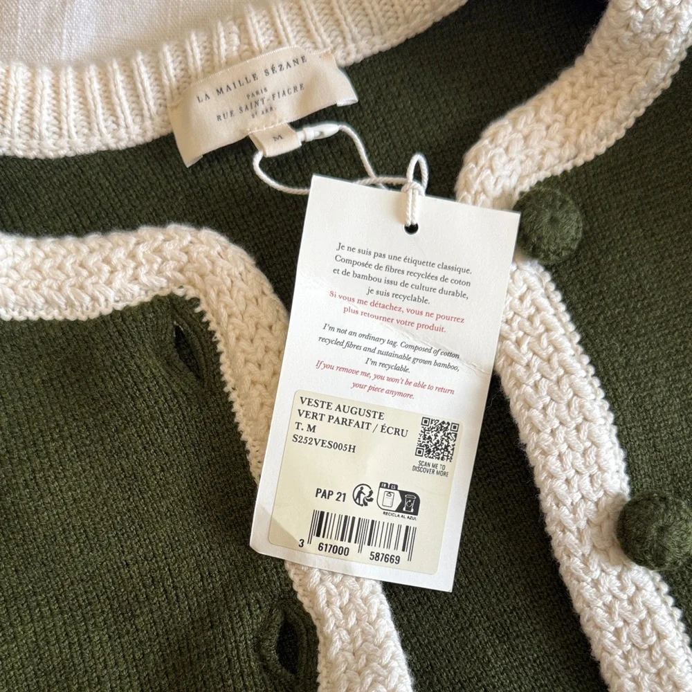 NWT Sezane Olive Jacket with Cream Accents - Picture 5 of 7